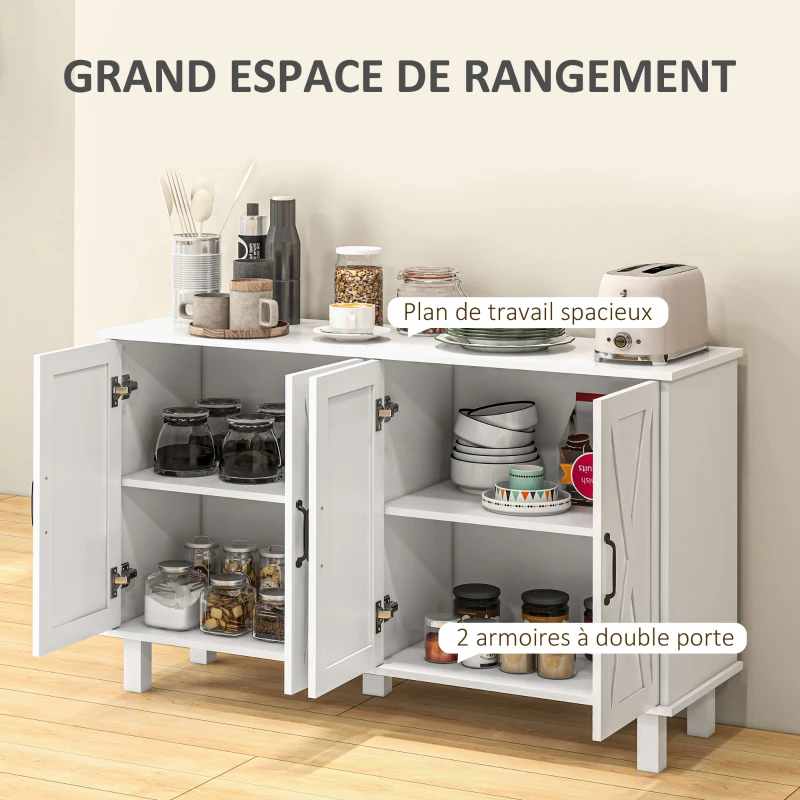 HOMCOM Meuble de rangement buffet bas 4 portes avec étagères réglables en hauteur style campagne longueur 120 cm blanc