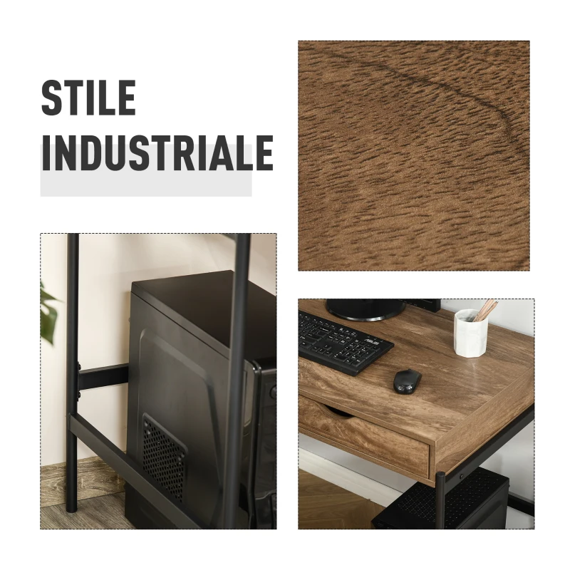 HOMCOM Scrivania Moderna Stile Industriale con 2 Cassetti per Camera e Ufficio, Metallo e MDF, 110x55x75cm, Nero Marrone