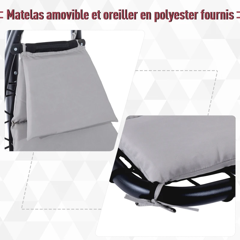 Outsunny Bain de Soleil transat Suspendu avec Pare-Soleil et Matelas Design Contemporain 190L x 110l x 190H cm Acier Polyester Gris Noir