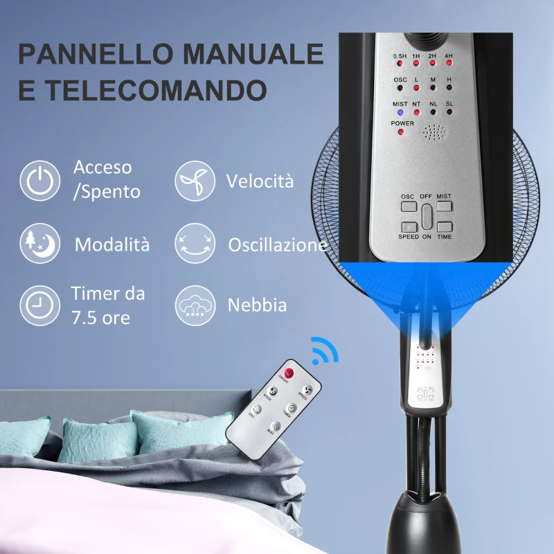 HOMCOM Ventilatore Nebulizzatore e Deumidificatore Oscillante 70° con 3 Modalità, Telecomando e Timer 7.5h, Tanica 2.8L, 90W, Ф44.5cm x 120cm