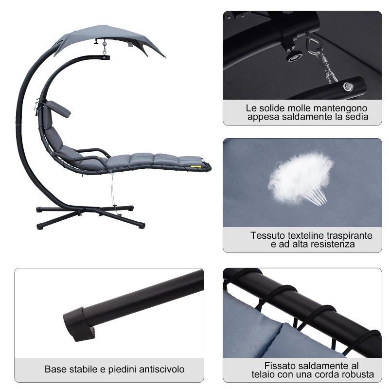 Outsunny Poltrona Sospesa da Giardino con Tettuccio Orientabile a Protezione UV, Sedia a Dondolo Sospesa Imbottito per Esterno, Grigio Scuro 190x115x190 cm