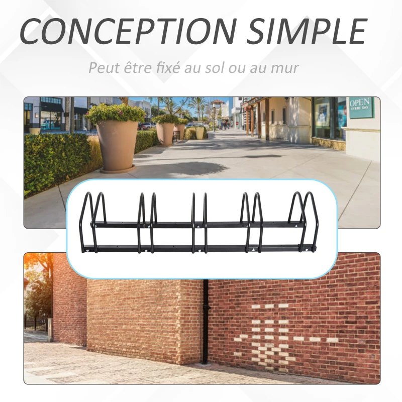 HOMCOM Râtelier 5 vélos range-vélos support rangement vélo à pneu 65 mm dim. 145L x 33l x 27H cm acier noir