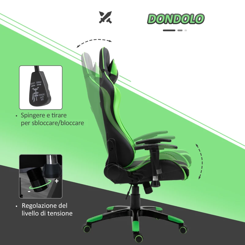 HOMCOM Sedia Gaming Professionale con Altezza Regolabile, Sedia da Ufficio Girevole e Reclinabile, con Sostegno Lombare e Collo, 67x67x123-132 cm, Nera e Verde