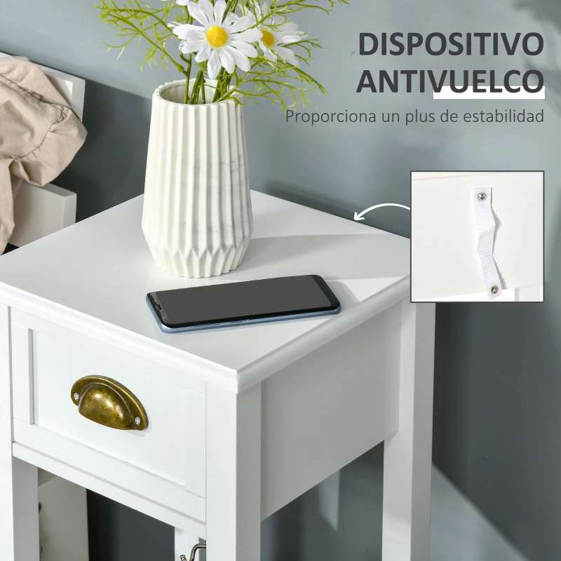 HOMCOM Mesa Auxiliar Mesita de Noche con Cajón y Estante de Almacenamiento Estilo Moderno para Salón Dormitorio 30x30x75 cm Blanco