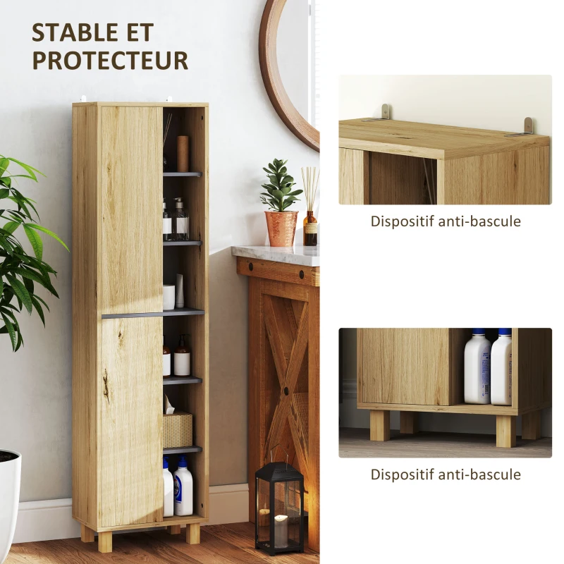 HOMCOM Meuble colonne salle de bain, armoire de salle de bain avec 6 compartiments ouverts et 2 placards, bois naturel(m-6)