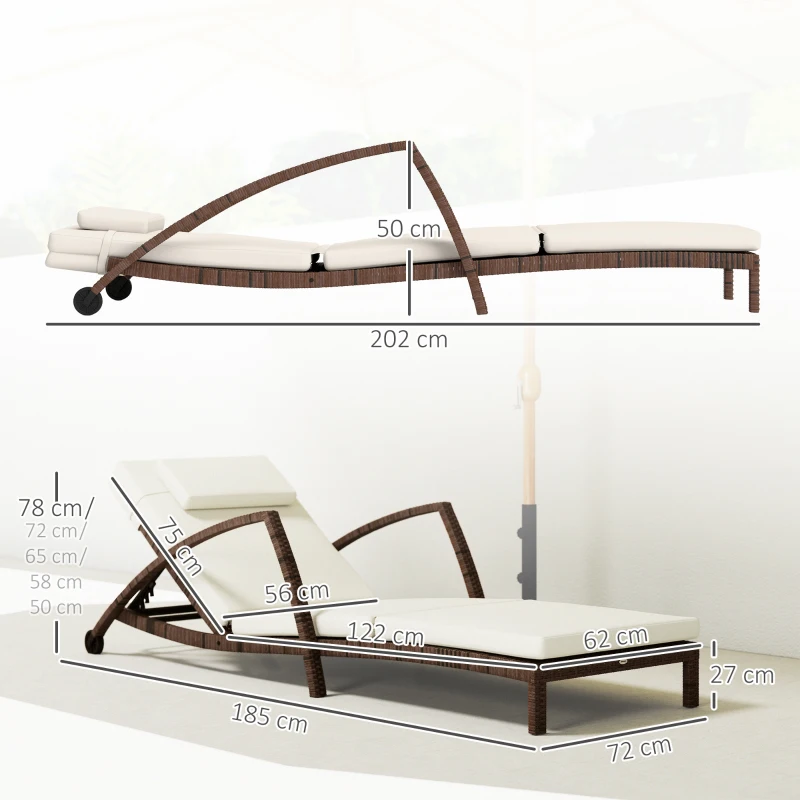 Outsunny Bain de soleil, chaise longue en résine tressée avec dossier réglable, roulettes, coussin et accoudoirs, marron et beige