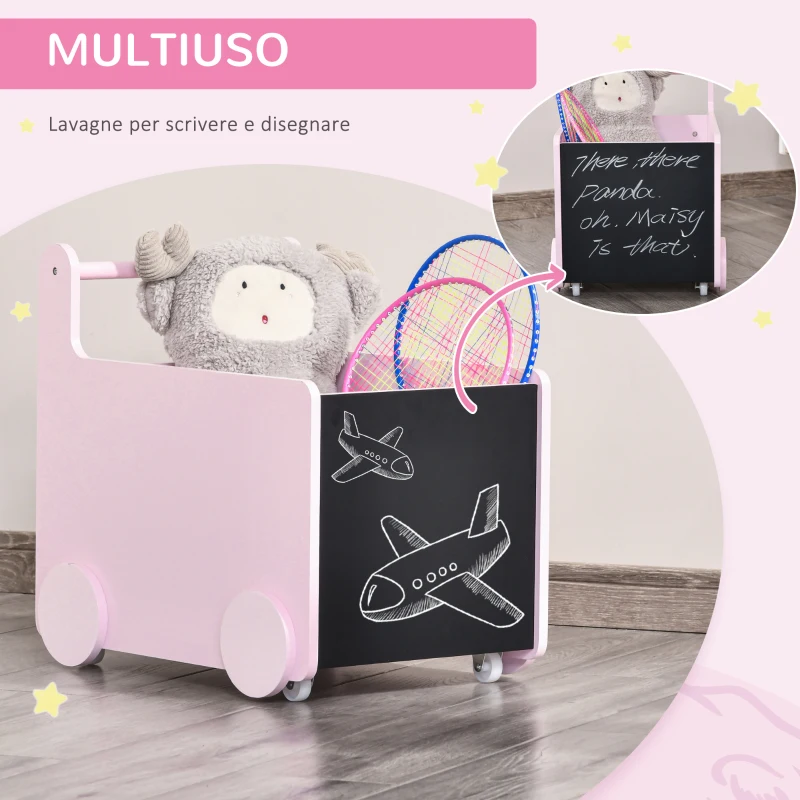 HOMCOM Carrello Porta Giochi per Bambini con 2 Lavagne per Disegnare, Impugnatura e Ruote, Legno MDF, 47x35x45.5cm, Rosa