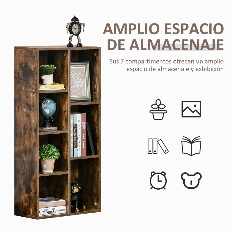 HOMCOM Estantería Librería de Madera Armario de Libros con 7 Compartimentos para Plantas Archivos 50x24x106 cm Marrón Rústico