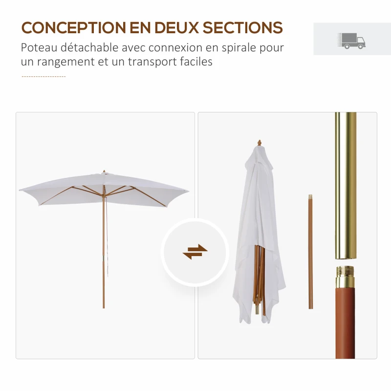 Outsunny Parasol droit rectangulaire Parasol de jardin grande taille grande taille dim. 3L x 2l x 2,5H m blanc