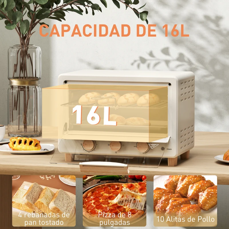 HOMCOM Horno Sobremesa de 16L 1400W Horno Eléctrico con Puerta de Vidrio Temporizador y Temperatura Ajustables hasta 230℃ Crema(m-4)