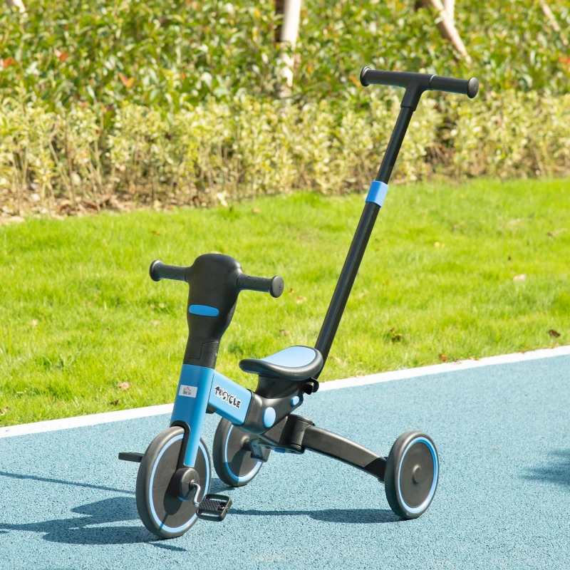 HOMCOM 4 en 1 Triciclo para Bebés Triciclo Evolutivo para Niños de +18 Meses con Mango de Empuje 101x45x76,2-98,8cm Azul