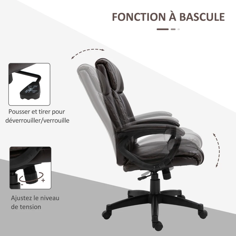 HOMCOM Fauteuil de bureau chaise de bureau ergonomique réglable roulettes pivotant 360° revêtement synthétique PU 64 x 73 x 106-115,5 cm chocolat