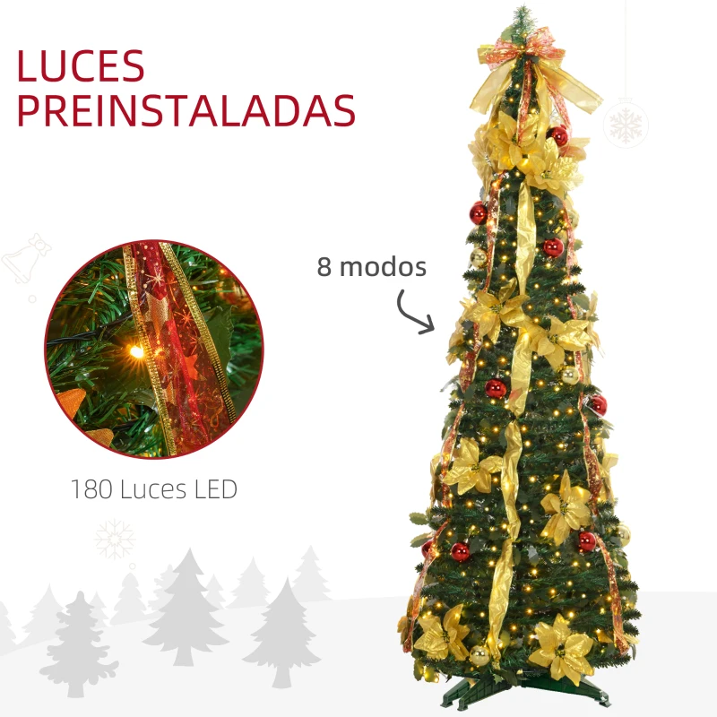 HOMCOM Árbol de Navidad Plegable con Luces LED en Blanco Cálido y Adornos Pre-instalados para Interior Ø60x180 cm Verde
