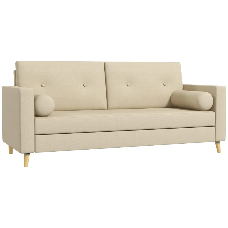 HOMCOM Canapé 3 places 180 cm style scandinave 2 petits coussins supplémentaires piètement bois revêtement tissu blanc crème