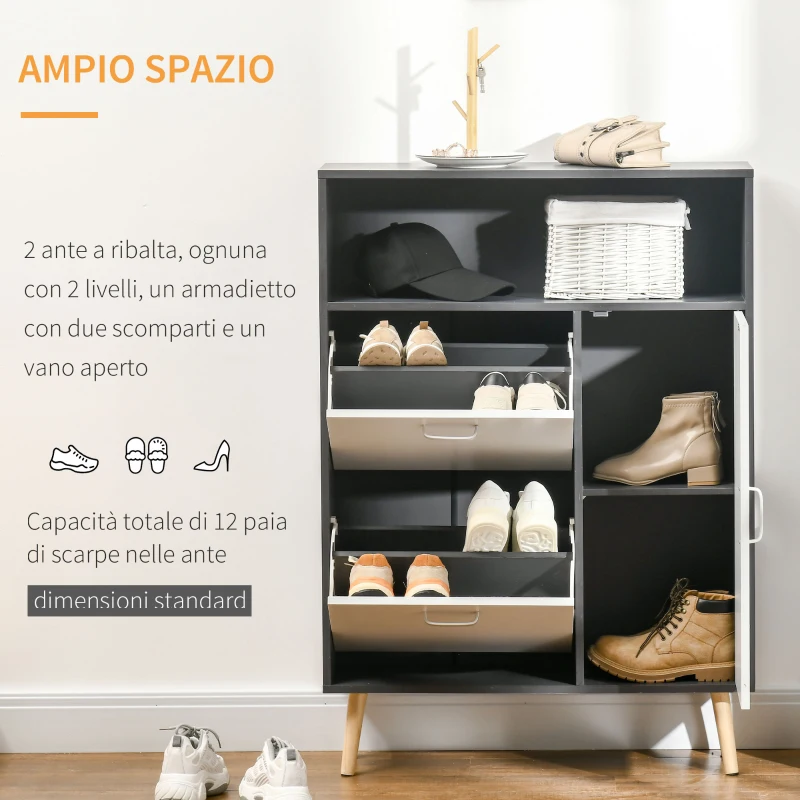 HOMCOM Scarpiera Salvaspazio per 8 Paia di Scarpe con 2 Ante e Armadietto, 80x25.5x112.5cm, Grigio e Bianco