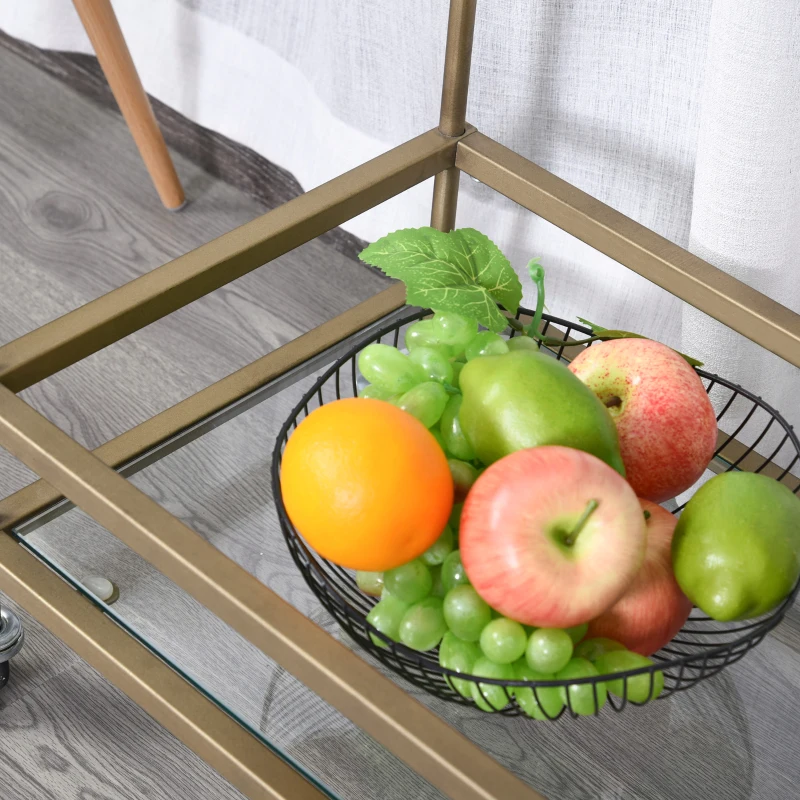 HOMCOM Chariot de service desserte de cuisine à roulettes 2 étagères verre dim. 70L x 35l x 80H cm métal doré