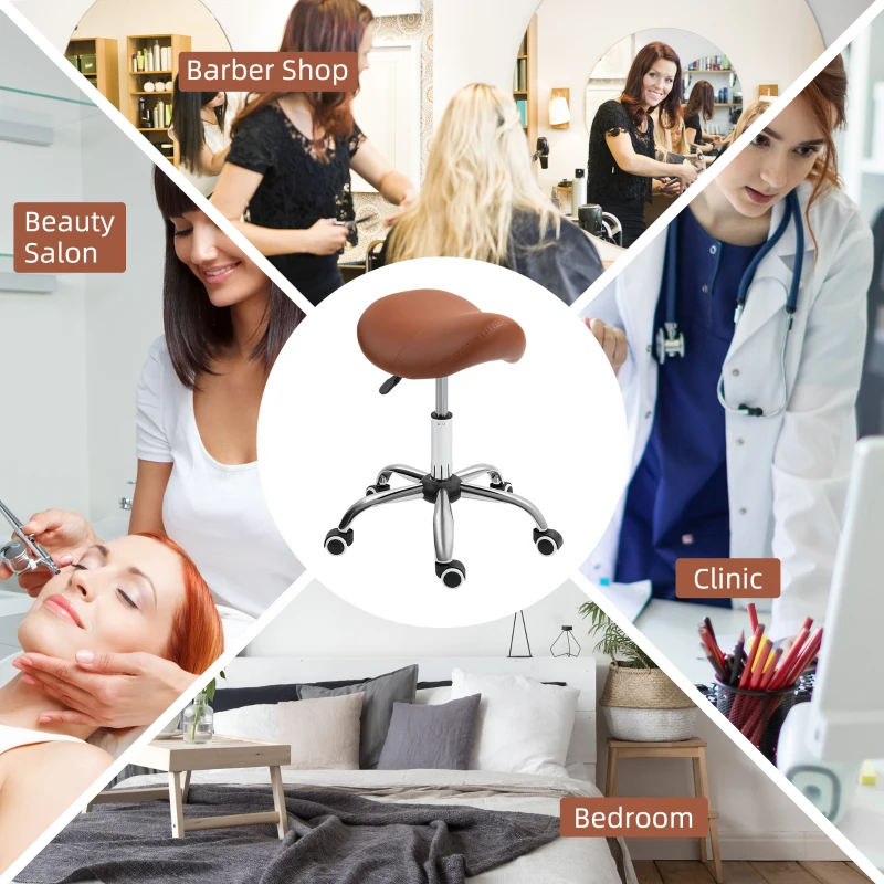 HOMCOM Saddle Stool, Height Adjustable Salon Chair for Massage Spa, Faux Leather, Brown