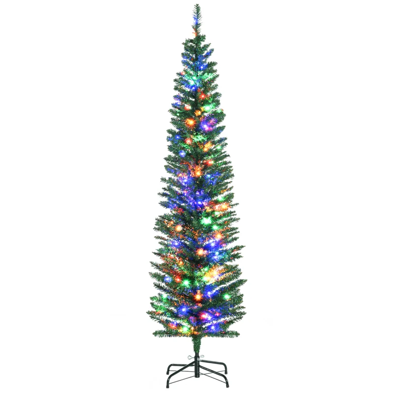 HOMCOM 6' Artificial Prelit Christmas Trees Holiday Décor with Colourful LED Lights, Pencil Shape, Steel Base