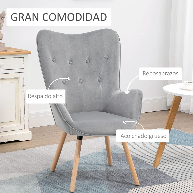 HOMCOM Sillón Individual Tapizado en Terciopelo Sillón con Respaldo Alto y Reposabrazos 68x75,5x104,5 cm Gris