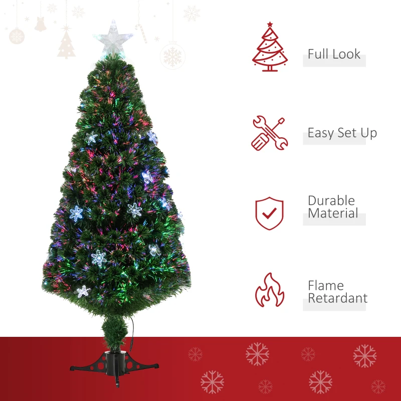 HOMCOM 5FT Prelit Artificial Christmas Tree Fiber Optic LED Light Holiday Home Xmas Decoration Tree with Foldable Feet, Green