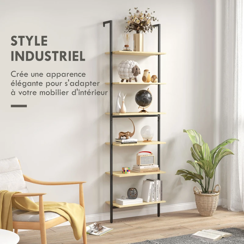 HOMCOM Étagère échelle mural bibliothèque style industriel 6 étagères acier noir aspect bois naturel dim. 60L x 30l x 206H cm