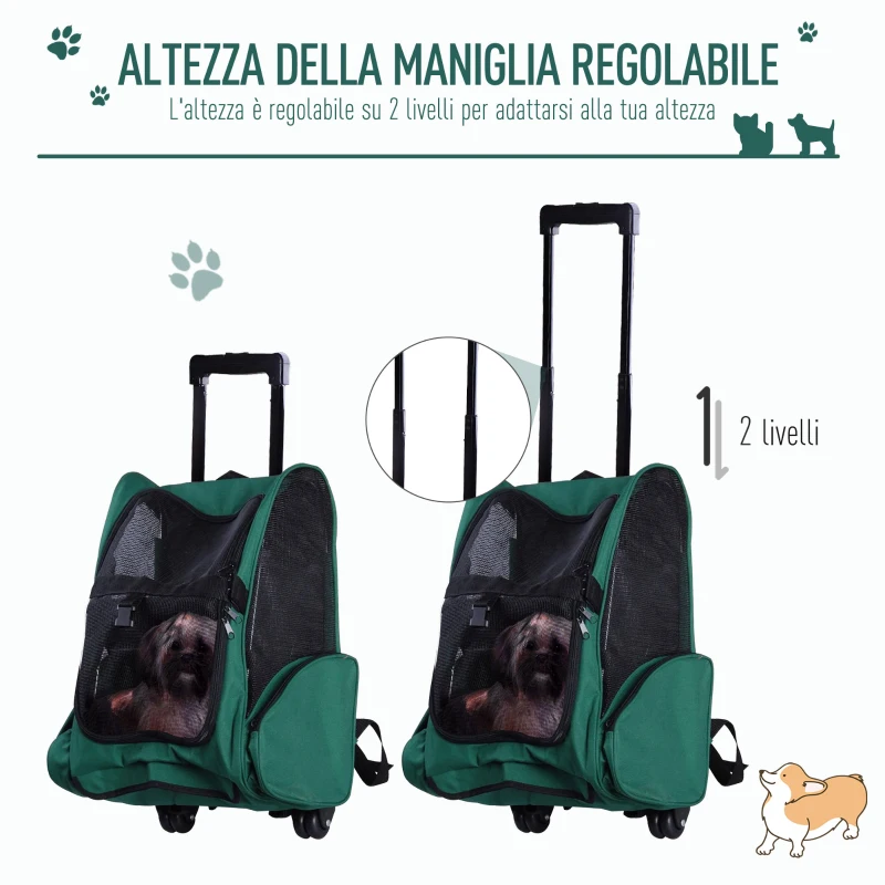 PawHut Trasportino Zaino 2 in 1 per Cani e Gatti con Tasche Laterali, Maniglia Telescopica e Ruote, 42x25x55cm, Verde