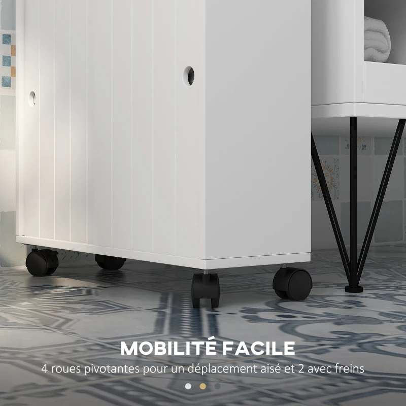 kleankin Meuble de rangement toilette salle de bain avec rangement papier toilette sur roulettes - 52 x 17 x 67 cm blanc(m-5)