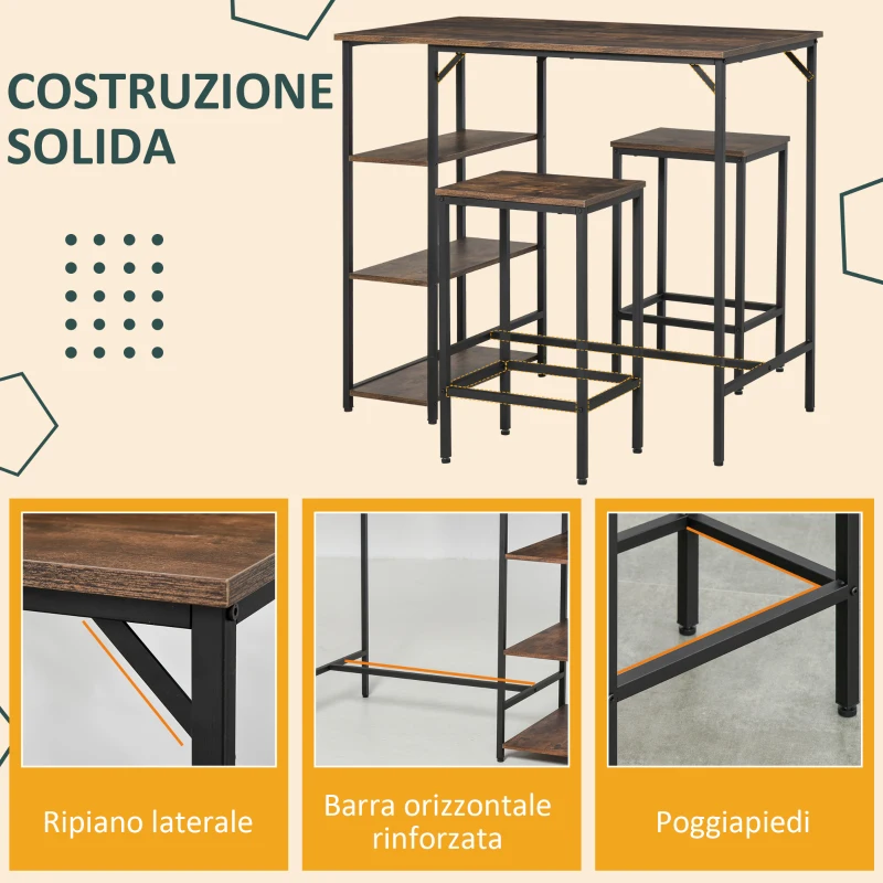 HOMCOM Set Tavolo Alto con 2 Sgabelli e Scaffale Stile Industriale in Metallo e Legno, Arredamento Moderno Bar e Cucina, Marrone Rustico