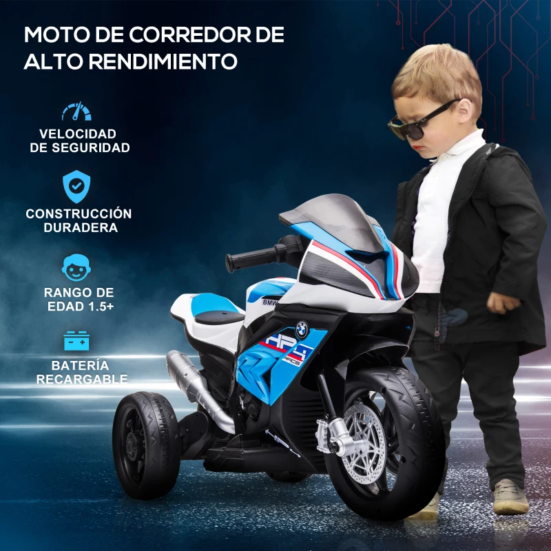 HOMCOM Moto Eléctrica BMW HP4 para +18 Meses con Música USB Velocidad 2,5 km/h Avance y Retroceso 82,5x42x54 cm Azul
