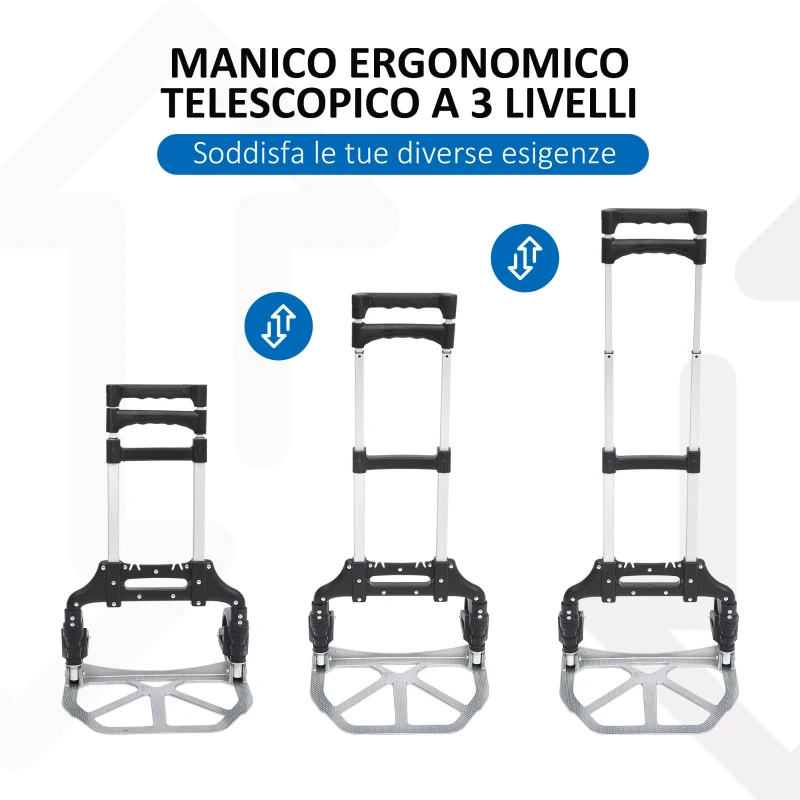 HOMCOM Carrello Portapacchi Pieghevole max 70kg con Maniglie Telescopiche e Altezza Regolabile, 41x38.5x100 cm, Argento