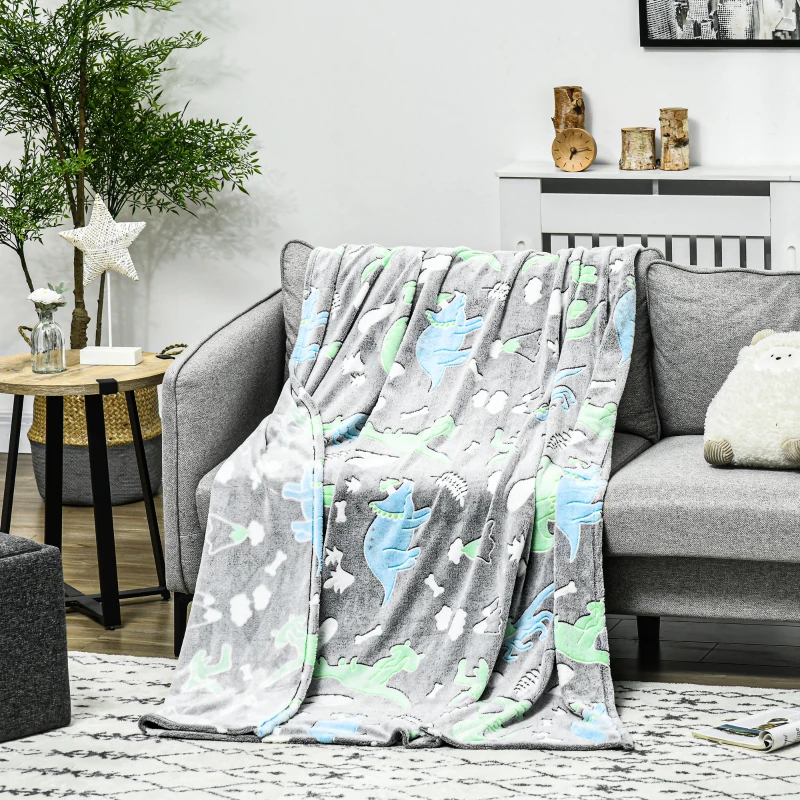 HOMCOM Glow in The Dark Flannel Fleece Blanket for Sofas, All-Season Fluffy Warm Throw Blanket for Bed, Couch, Chair, Kids Dinosaur Luminous Blanket for Boys and Girls, 203x152cm, Grey