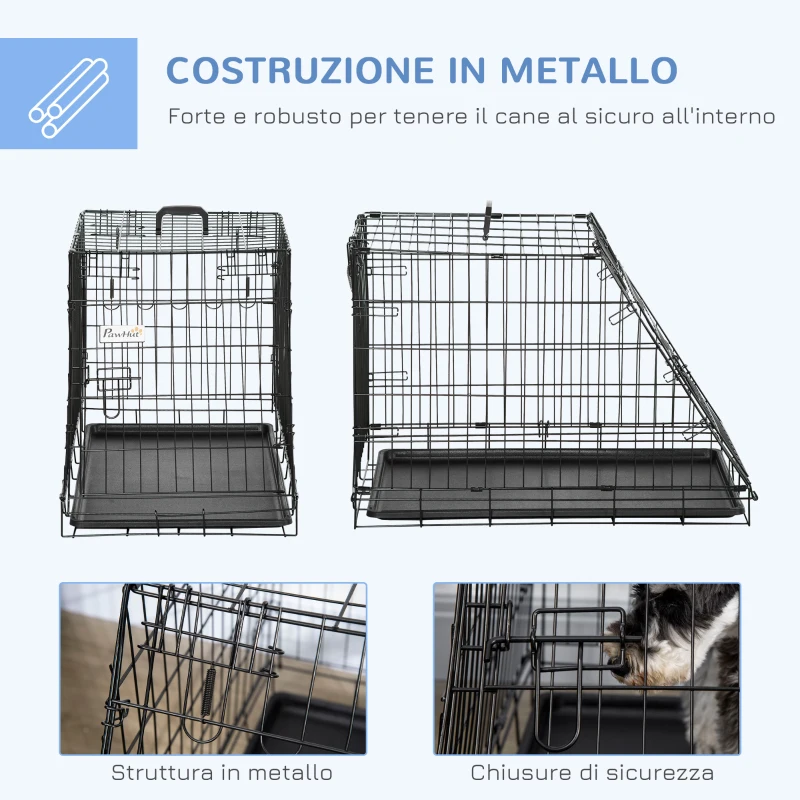 PawHut Trasportino per Cani in Metallo e PP, Gabbia per Cani a Trapezio per Auto con Maniglia, 77x47x55cm Nero