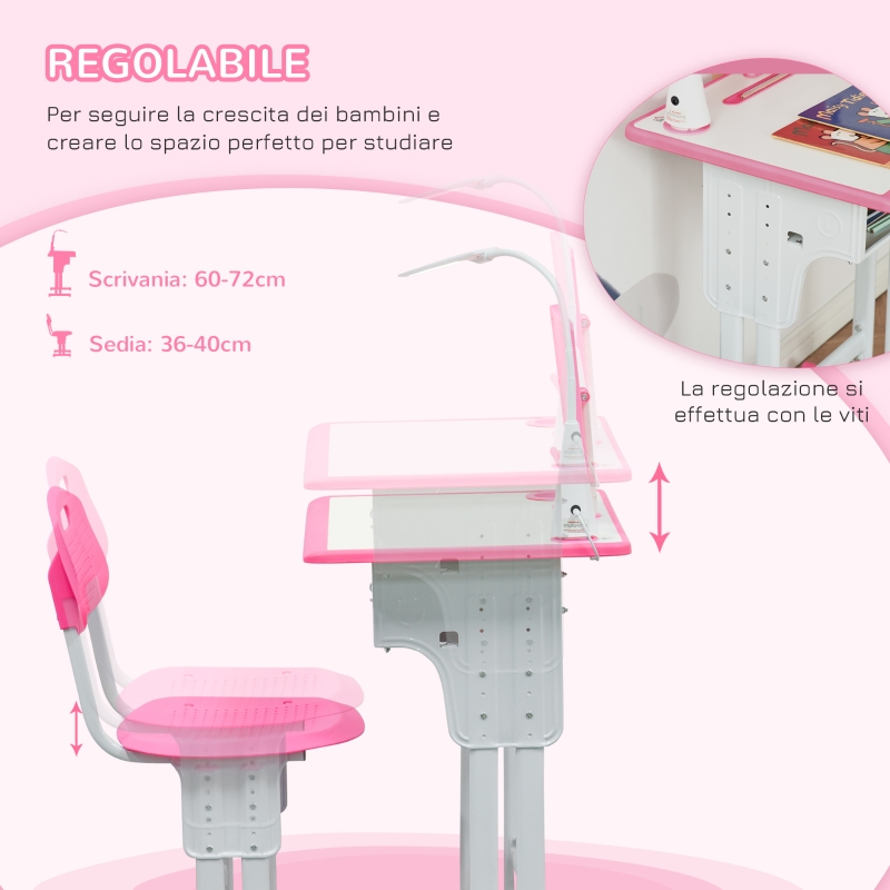 Set Scrivania e Sedia per Bambini 6-12 Anni ad Altezza Regolabili, Banco Scuola con Lampada, Cassetto, Gancio, Portapenne e Leggio, Set Banco con Sedia per Bambini in Acciaio e MDF, Rosa