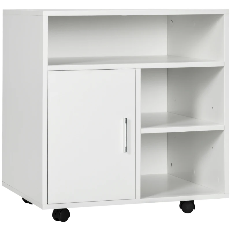 HOMCOM Mobiletto Porta Stampante con Ripiani Aperti e Armadietto in Legno, 60x50x65.5cm, Bianco
