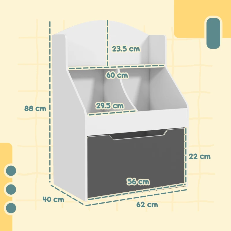 AIYAPLAY Libreria per Bambini a 2 Livelli con Cassetto su Ruote per Giochi e Libri, 62x40x88 cm, Bianco