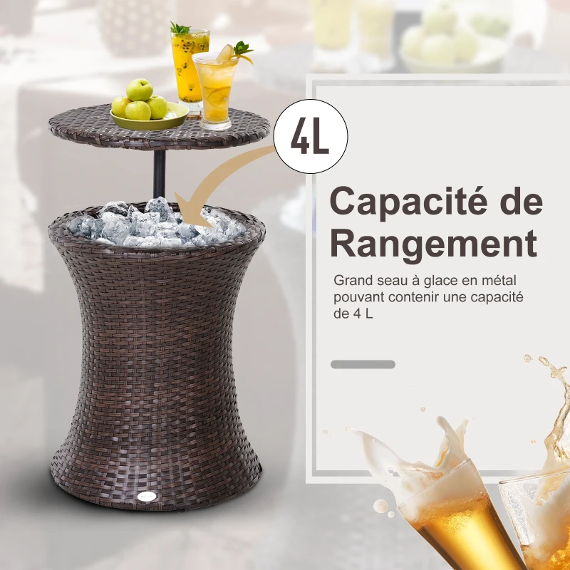 Outsunny Seau à glace table basse 2 en 1 Ø 48 x 83H cm métal époxy résine tressée imitation rotin marron
