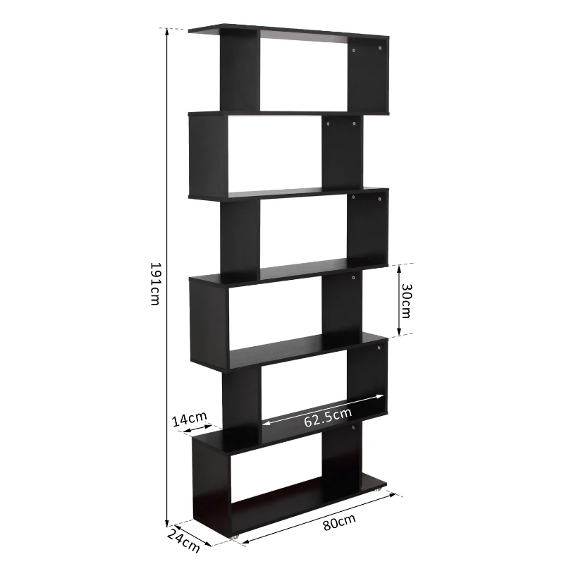 HOMCOM Libreria di Design, Libreria a Parete Nera, 6 Ripiani Scomposti, Struttura a Zig-Zag, Moderna, Resistente, in Legno, per Salotto e Ufficio, 80x24x191cm, Nero