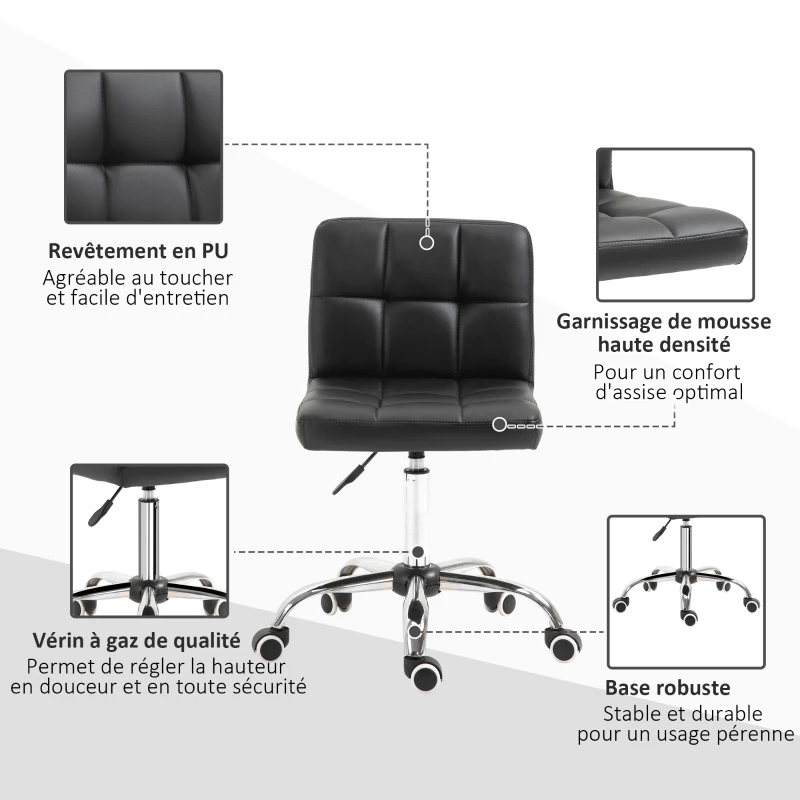 Vinsetto Chaise de bureau design contemporain pivotante 360° ergonomique hauteur réglable dossier assise capitonnés revêtement synthétique 52,5 x 54 x 93 cm noir