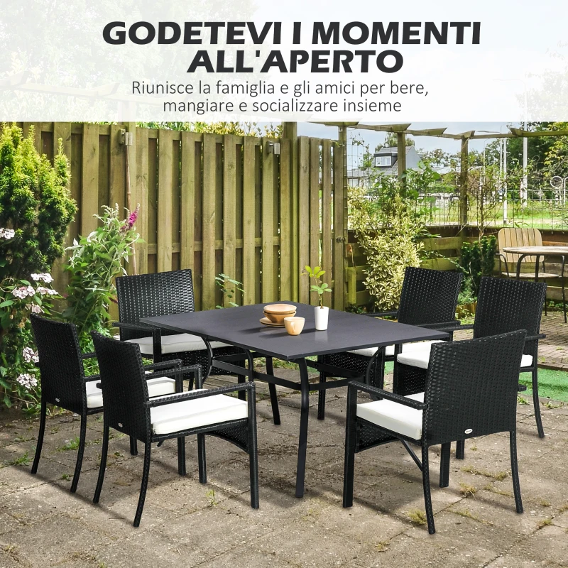 Outsunny Set da Giardino 7 Pezzi in Rattan PE con Tavolo da Pranzo 150x90x72 cm e 6 Sedie 58x62x87 cm con Cuscini