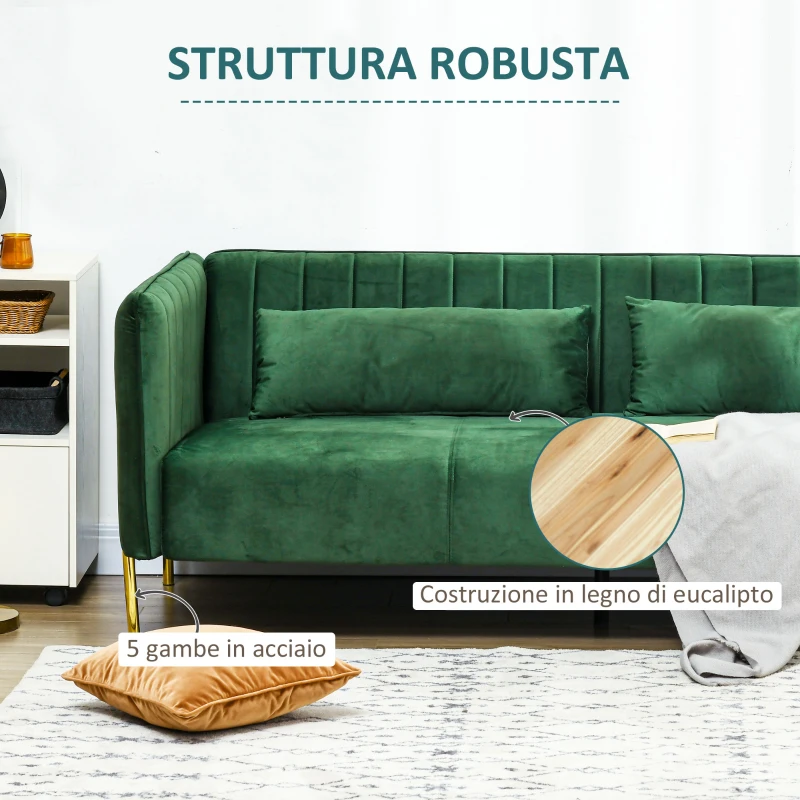 HOMCOM Divano 3 Posti Moderno con Cuscini Imbottiti, Gambe in Acciaio e Tessuto Vellutato, 200x88x76 cm, Verde