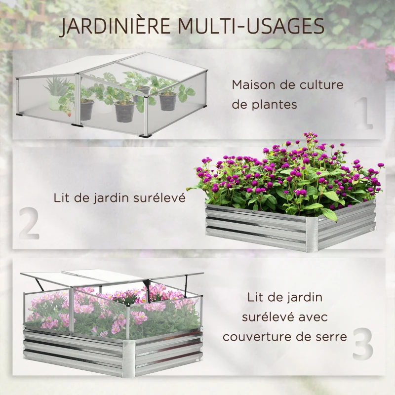 Outsunny Jardinière lit surélevé double toit ouvrable panneaux polycarbonate 126 x 107 x 57,5/67,5 cm