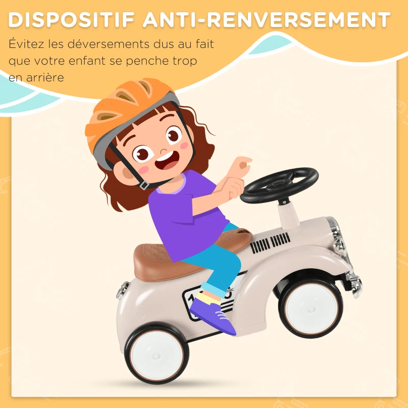 AIYAPLAY Porteur enfants voiture véhicule à pousser multi-équipée 12-36 mois coffre klaxon style vintage blanc crème(m-4)