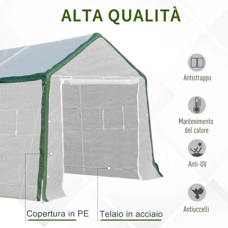 Outsunny Serra per Orto a Tunnel 6x3x2.4m Copertura in PE e Acciaio, Porta Avvolgibile e 8 Finestre