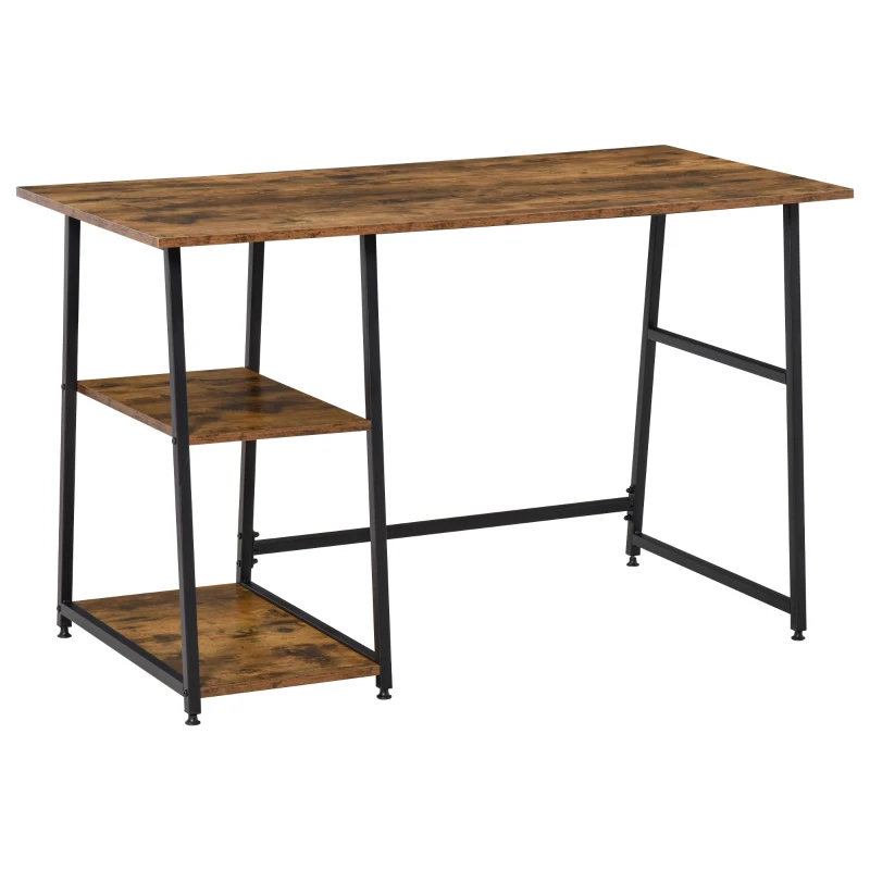 HOMCOM 120cm Computer Desk with Storage, Industrial Home Office Desk with 2 Tier Shelves and Steel Frame, Computer Table for Study Room, Rustic Brown