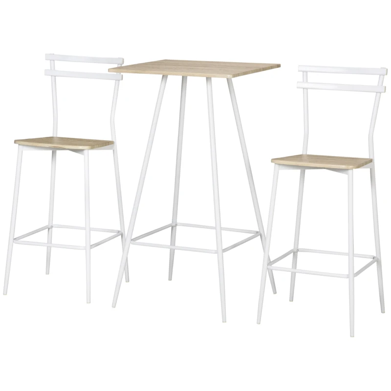 HOMCOM Bar Table and Stools Breakfast Dining Table and Chairs Set of 2 with Steel Frame and Footrest for Bar and Kitchen White