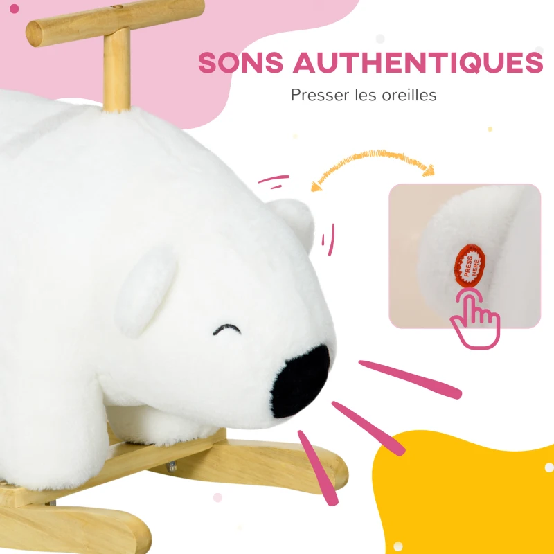 HOMCOM Ours à bascule pour enfant jeux jouet à bascule avec sons pour 3 - 6 ans socle en bois blanc