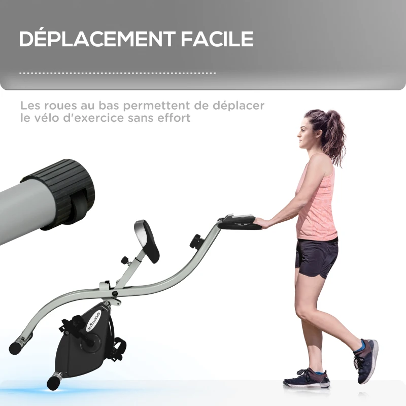 SPORTNOW Vélo d'appartement pliant, vélo de fitness, 8 niveaux de résistance magnétique, selle réglable, écran LCD, acier gris