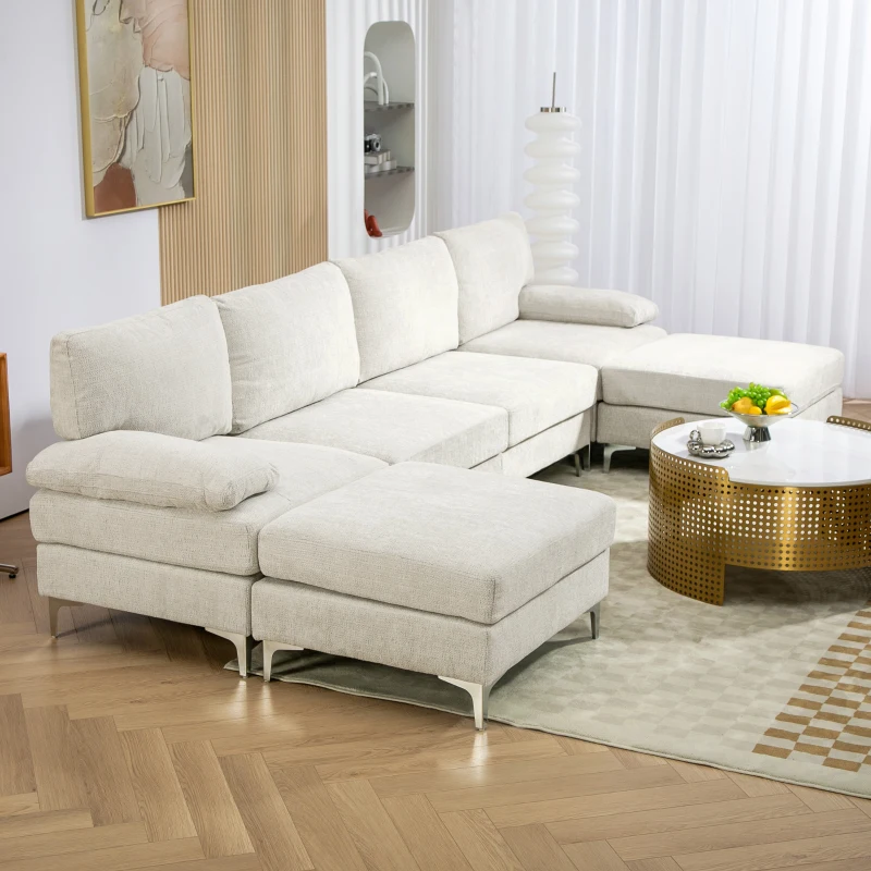 HOMCOM Divano Componibile 4 Pezzi con Poggiapiedi e Cuscini, in Tessuto effetto Ciniglia, 313x149x88 cm, Bianco Crema