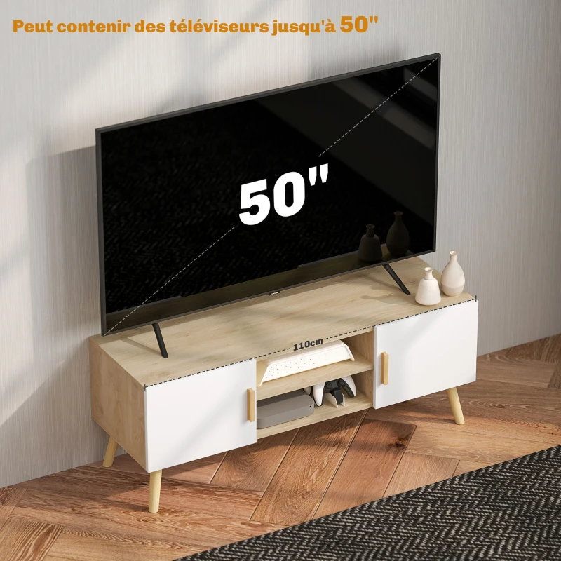 HOMCOM Meuble TV meuble télé bois banc TV jusqu'à 50 pouces avec étagères, 2 placards et passe-câbles, chêne