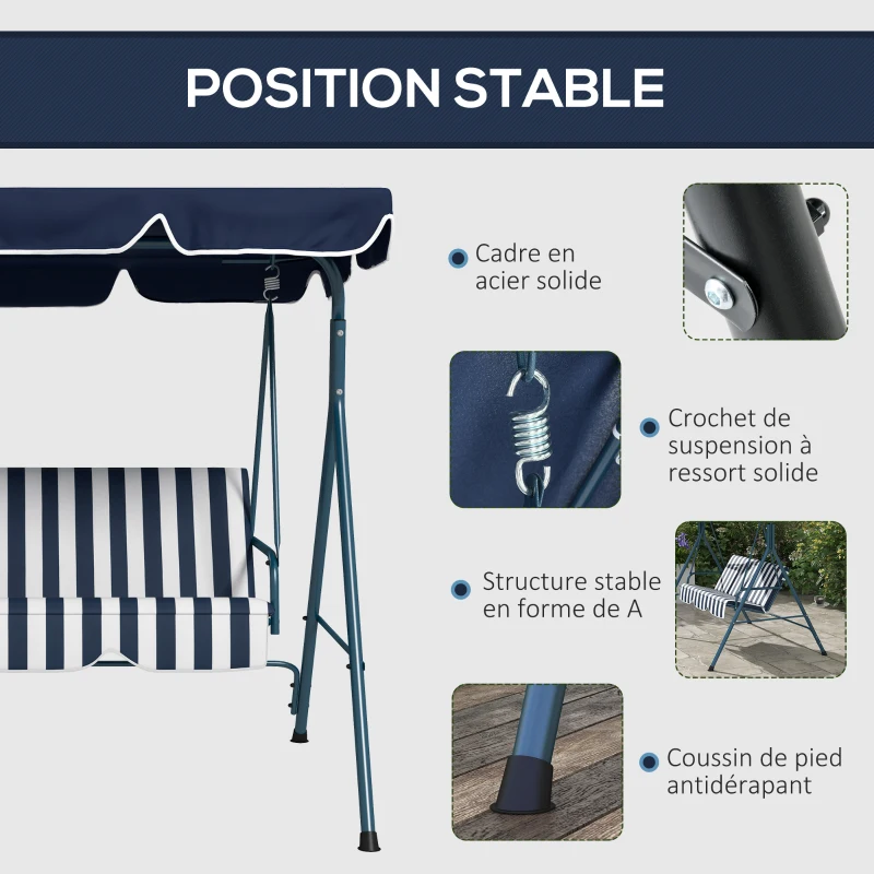Outsunny Balancelle de Jardin 3 Places Toit Inclinaison réglable Coussins Assise et Dossier Acier Noir Polyester Bleu